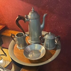MCM Stieff Pewter Tea/Coffeepot, Sugar Bowl, Creamer, Tray & Bowl - 5 Pc Set